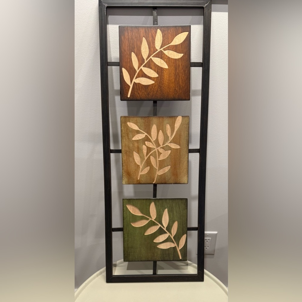 Stylish nature themed black metal and wood vertical wall decor (12” x 32”)